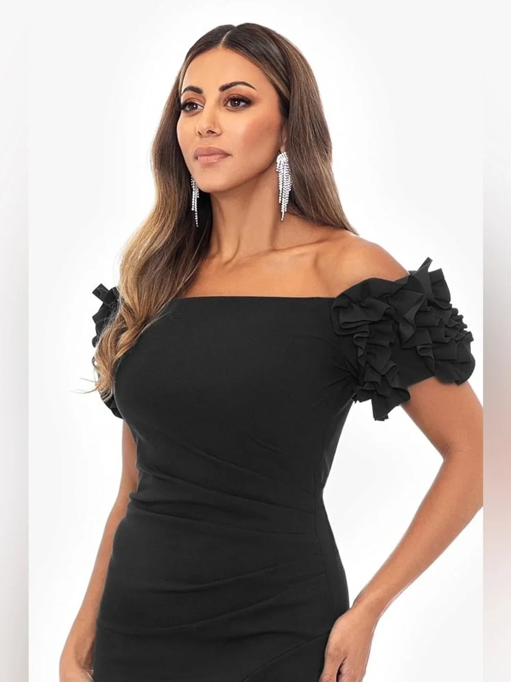 Xscape Womens Off The Shoulder Ruffle Sleeve Midi Dress